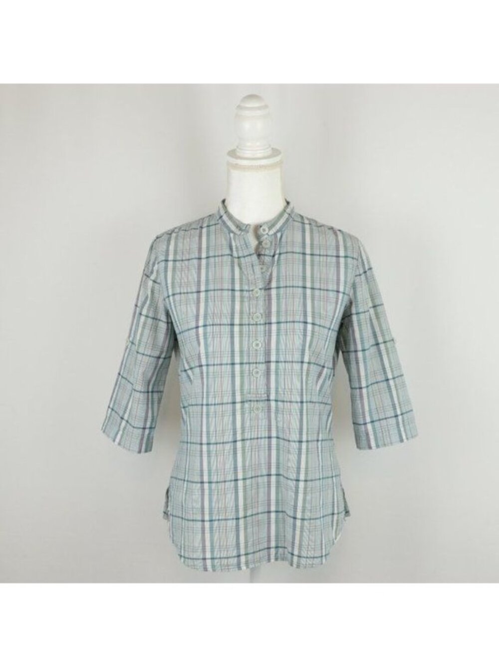 GoLite Women's Small Blue White Plaid  3/4 Sleeve Collared Popover Blouse